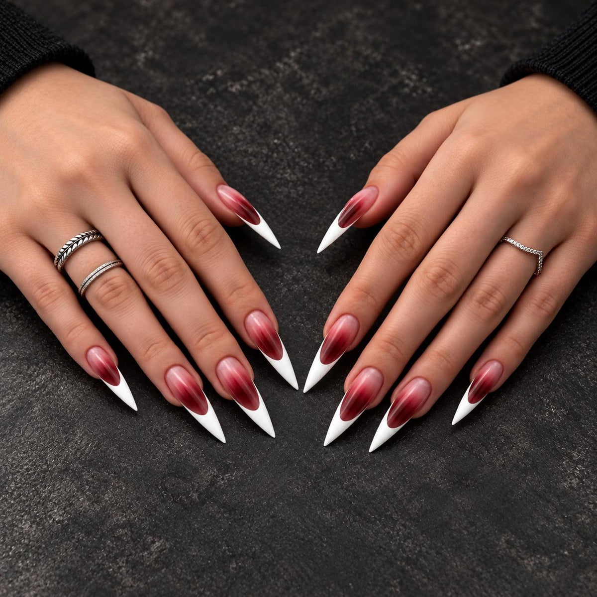 Vampire Blood French Tip Press-On Nails – Burgundy Ombre Halloween Stiletto Set
