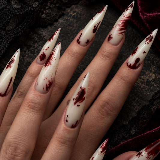 Bloody Halloween Press-On Nails – Ivory Blood Splatter Stiletto for Spooky Costumes