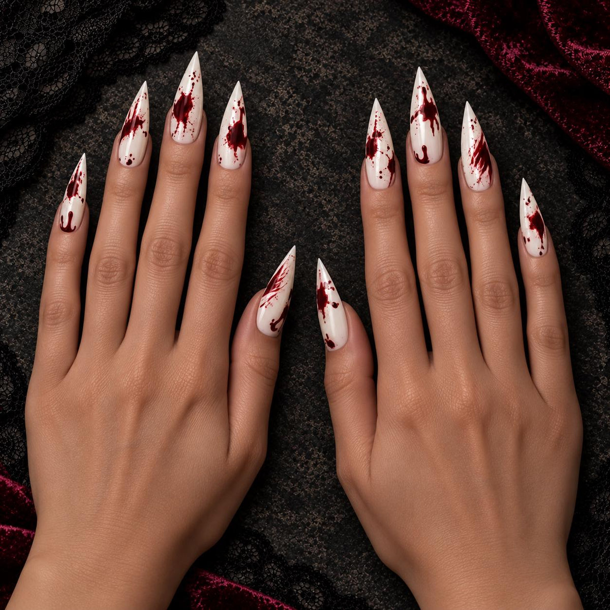 Bloody Halloween Press-On Nails – Ivory Blood Splatter Stiletto for Spooky Costumes