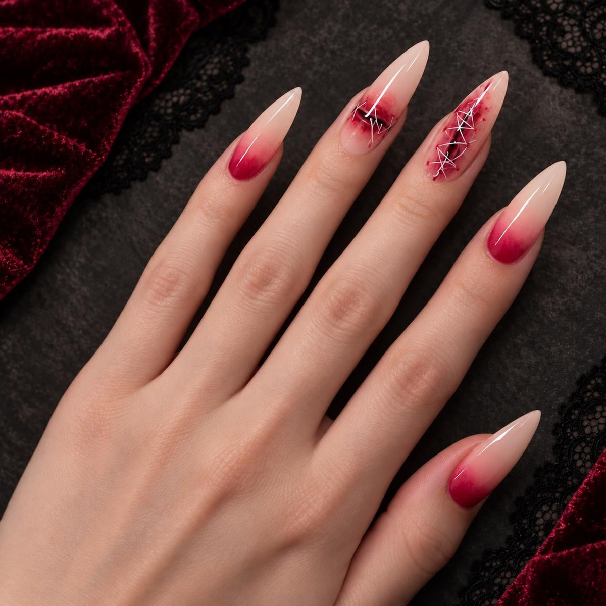 Stitched Wound Halloween Press-On Nails – Bloody Red Ombre Gothic