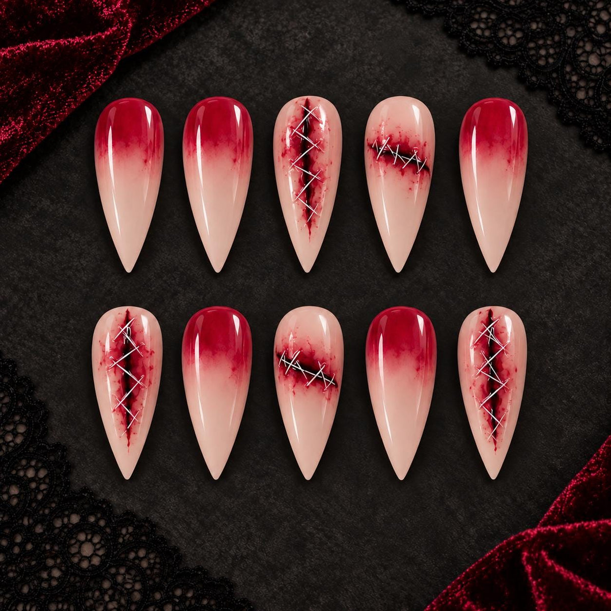 Stitched Wound Halloween Press-On Nails – Bloody Red Ombre Gothic