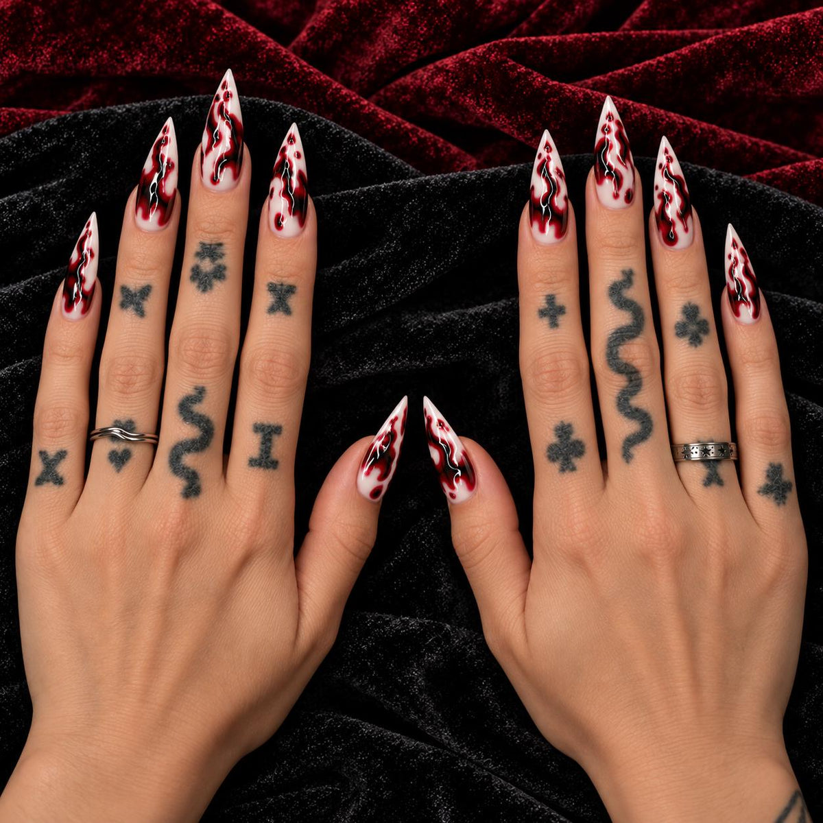 Blood Moon Marble Press-On Nails – Gothic Burgundy Swirls – Custom