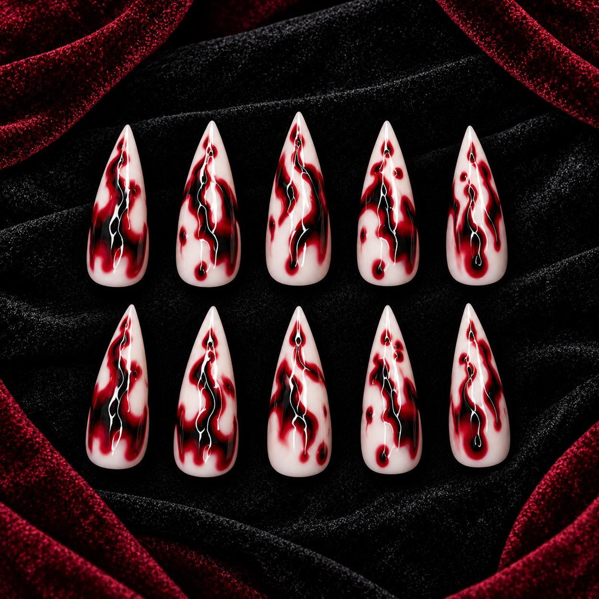 Blood Moon Marble Press-On Nails – Gothic Burgundy Swirls – Custom