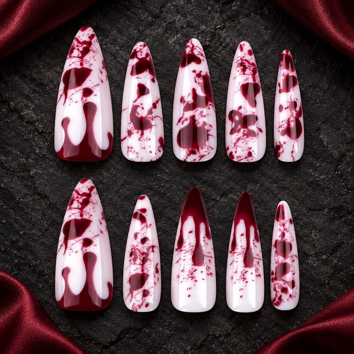 Blood Splatter Press-On Nails – Burgundy Drip – Gothic Halloween