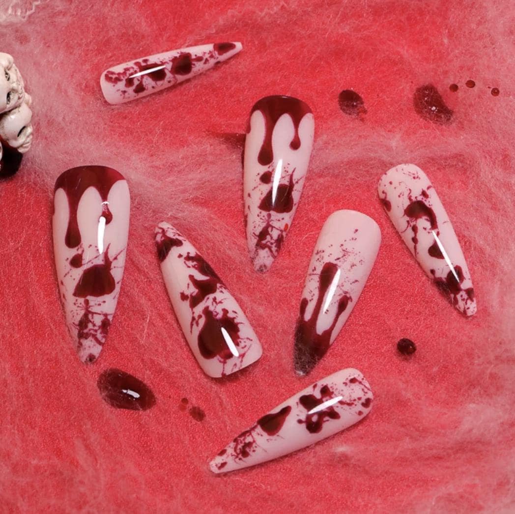 Blood Splatter Press-On Nails – Burgundy Drip – Gothic Halloween