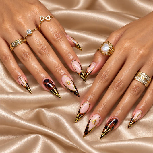 Tortoiseshell Press-On Nails – Gold Celestial Stiletto – Nude Pink & Brown
