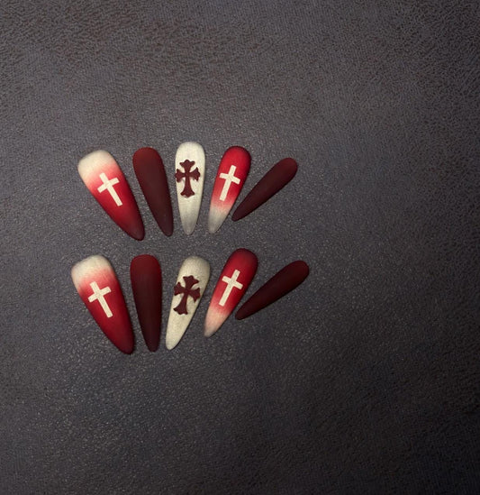 Gothic Cross Press-On Nails – Burgundy Ombre Stiletto for Halloween