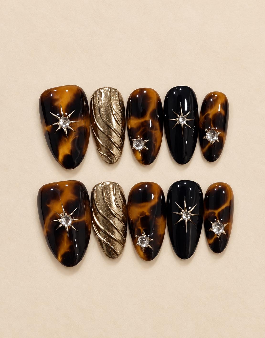 Tortoiseshell Press-On Nails – Black Gold Starburst – Rhinestone