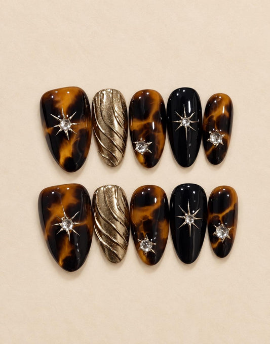 Tortoiseshell Press-On Nails – Black Gold Starburst – Rhinestone