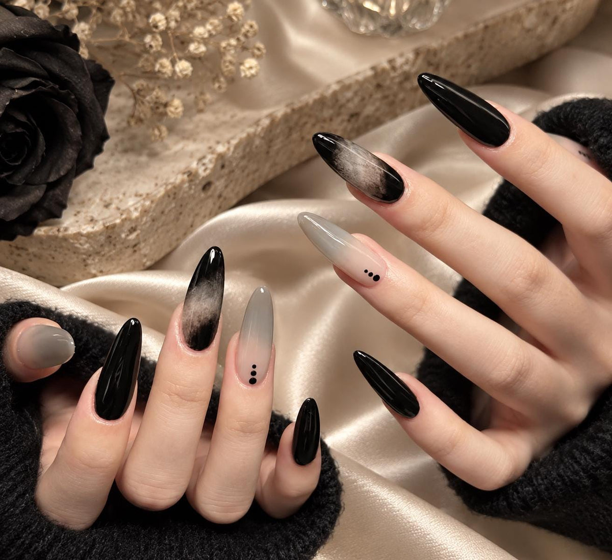 Smoky Black Ombre Press-On Nails – Black Gray Cat Eye – Gothic Almond