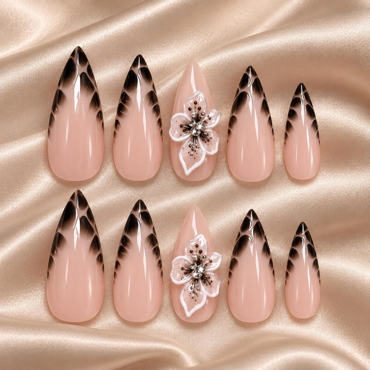 Smoky Feather Press-On Nails – 3D Floral Nude Brown & Black Stiletto