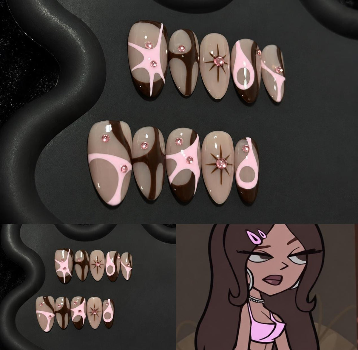 Brown Pink Press-On Nails – Retro Abstract Almond – Rhinestone Y2K