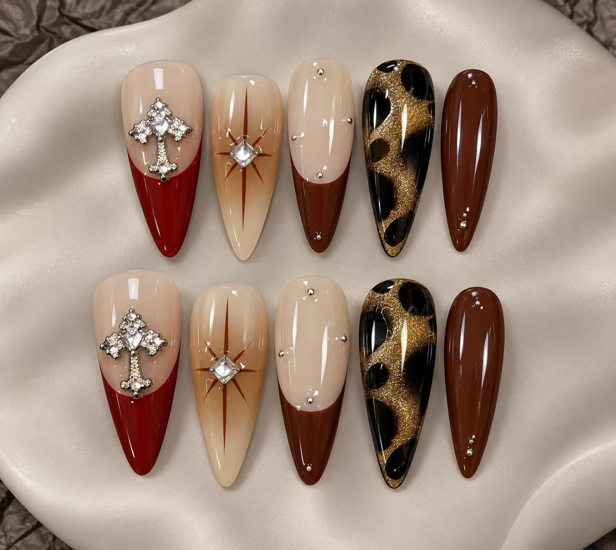 Gothic Cross Press-On Nails – Red Brown Leopard – Rhinestone Long Almond