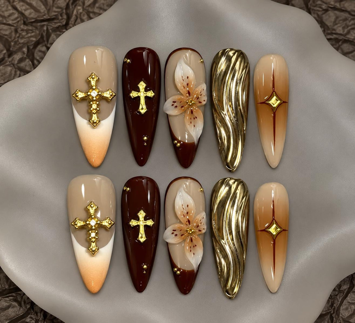 Gold Cross Press-On Nails – Brown 3D Floral – Gold Chrome Long Almond
