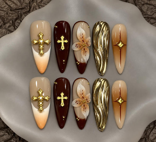 Gold Cross Press-On Nails – Brown 3D Floral – Gold Chrome Long Almond