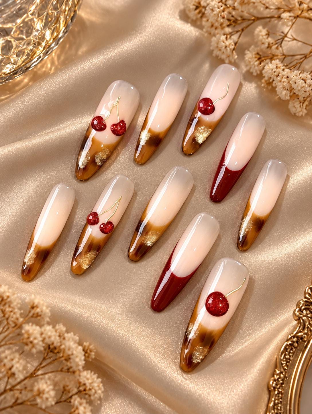 Cherry Tortoiseshell Press-On Nails – Red Cherry – Brown Amber Gold