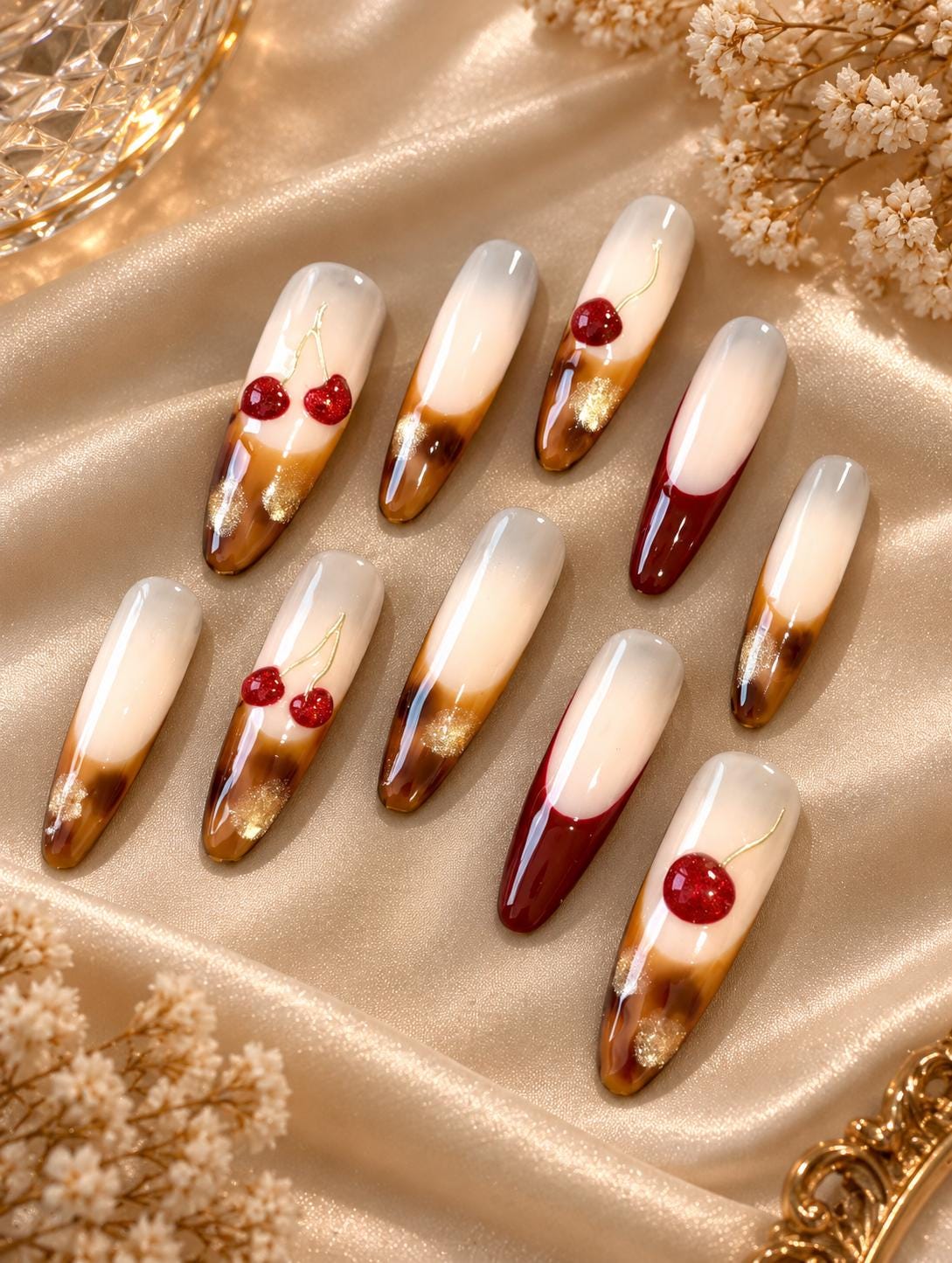 Cherry Tortoiseshell Press-On Nails – Red Cherry – Brown Amber Gold