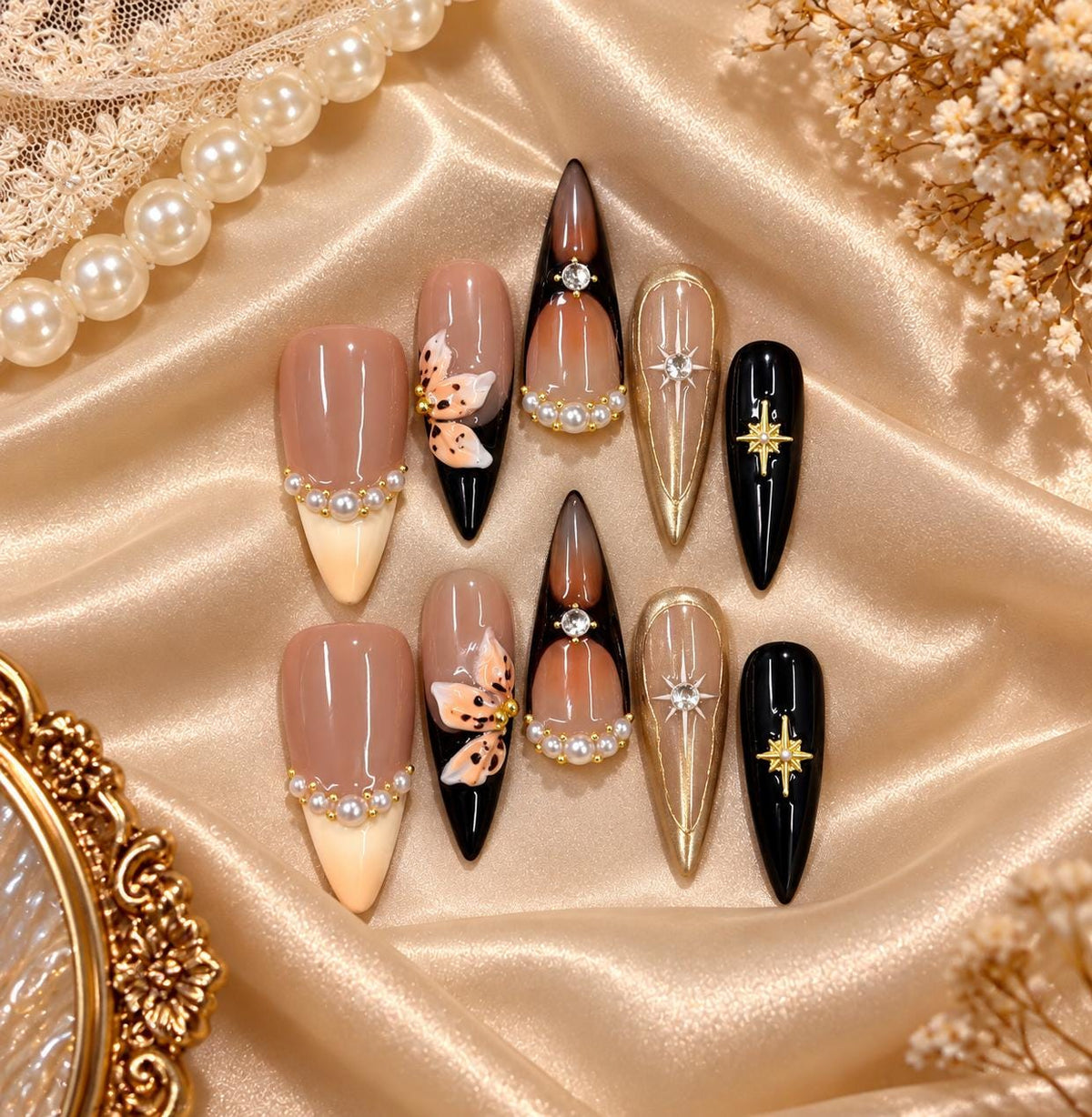 Brown Floral Press-On Nails – Pearl & Gold Vintage – Elegant Nude Stiletto