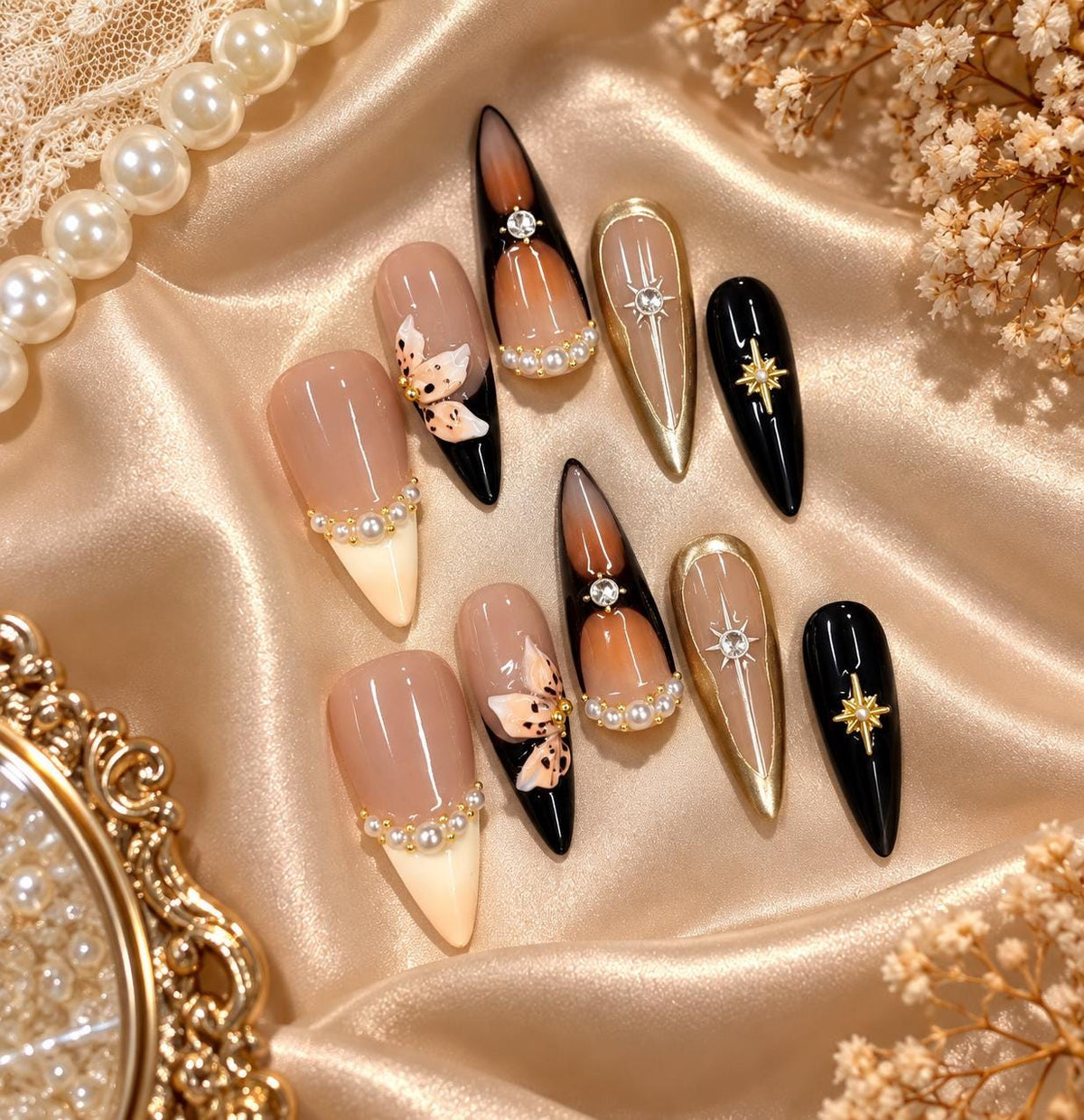 Brown Floral Press-On Nails – Pearl & Gold Vintage – Elegant Nude Stiletto