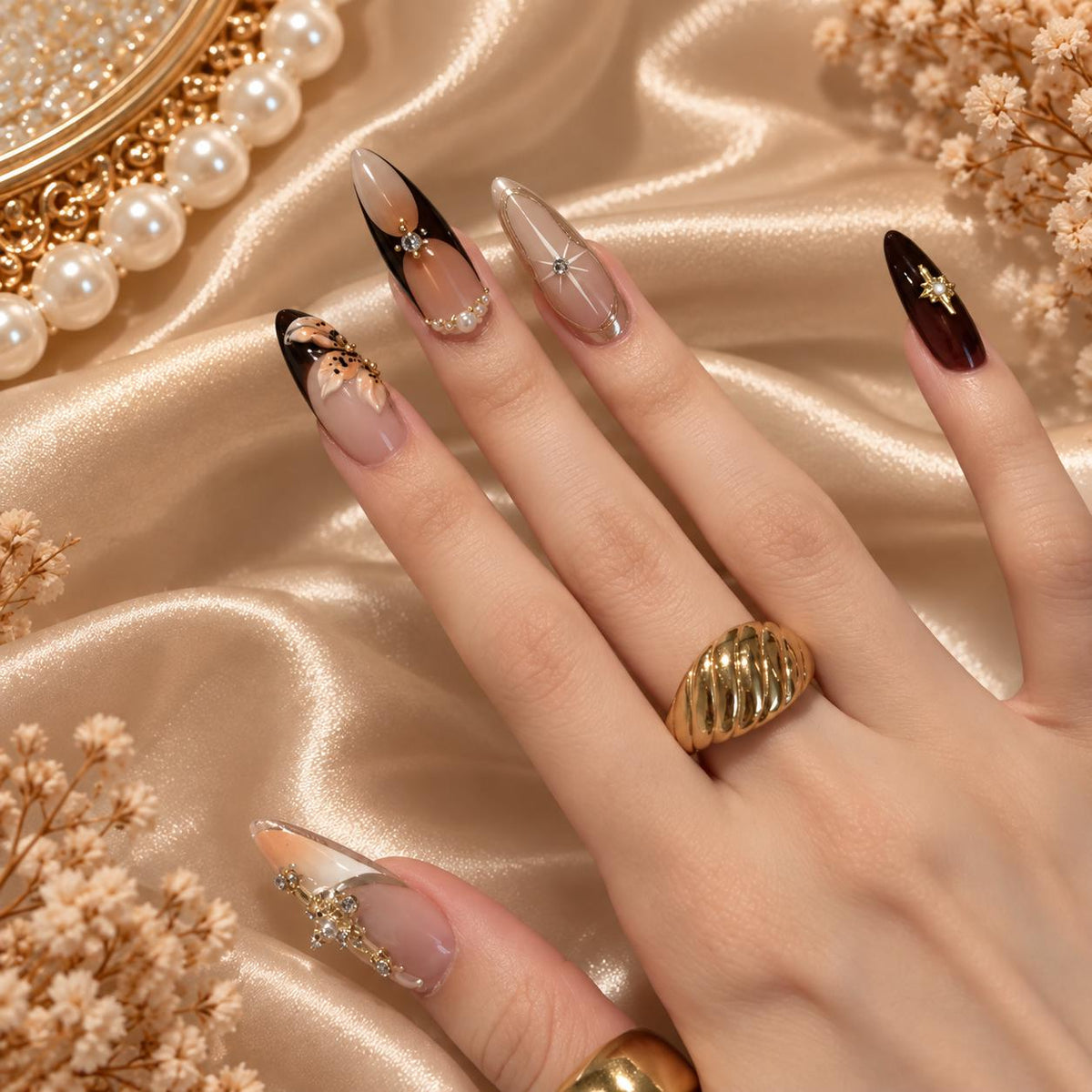 Brown Floral Press-On Nails – Pearl & Gold Vintage – Elegant Nude Stiletto