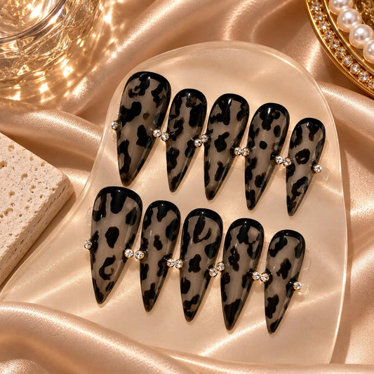 Smoky Leopard Press-On Nails – Black Animal Print