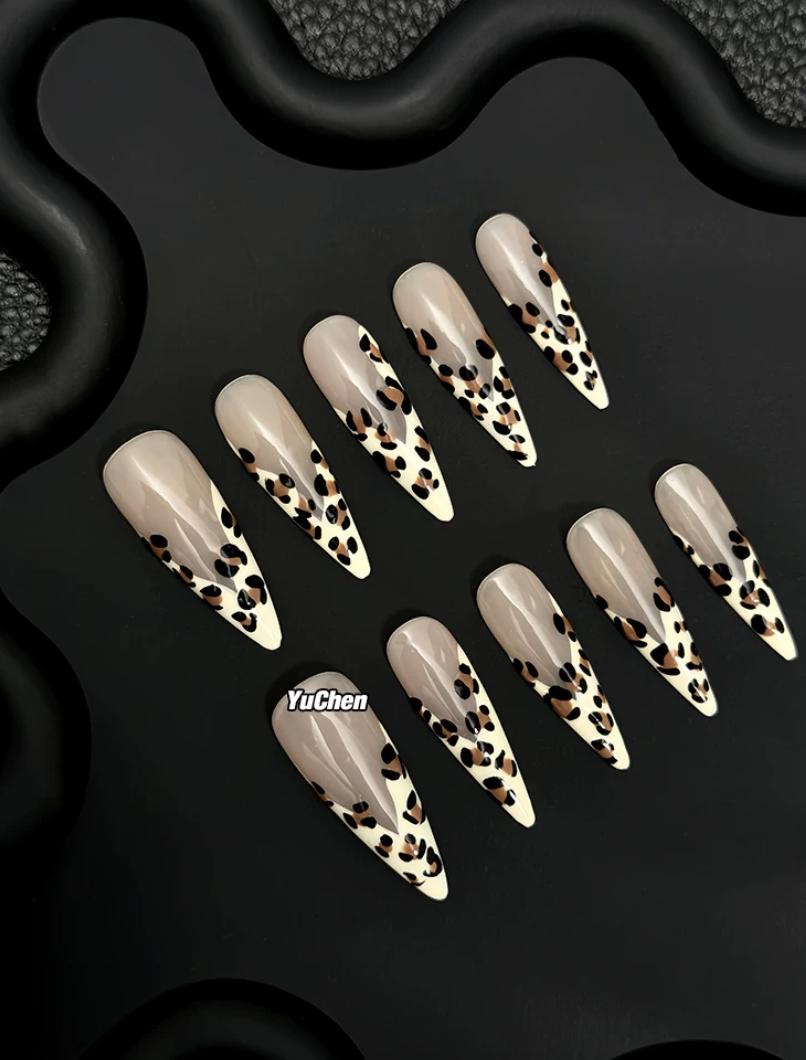 Leopard Print Press-On Nails – Nude Animal Print French Tip – Stiletto