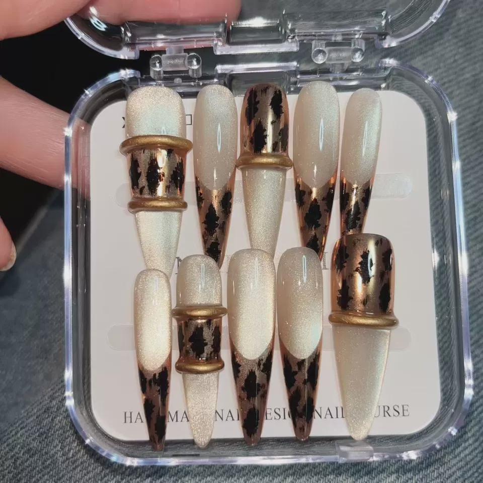 Leopard Press-On Nails – Nude Gold Animal Print – Glam Long Almond