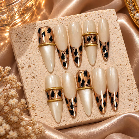 Leopard Press-On Nails – Nude Gold Animal Print – Glam Long Almond