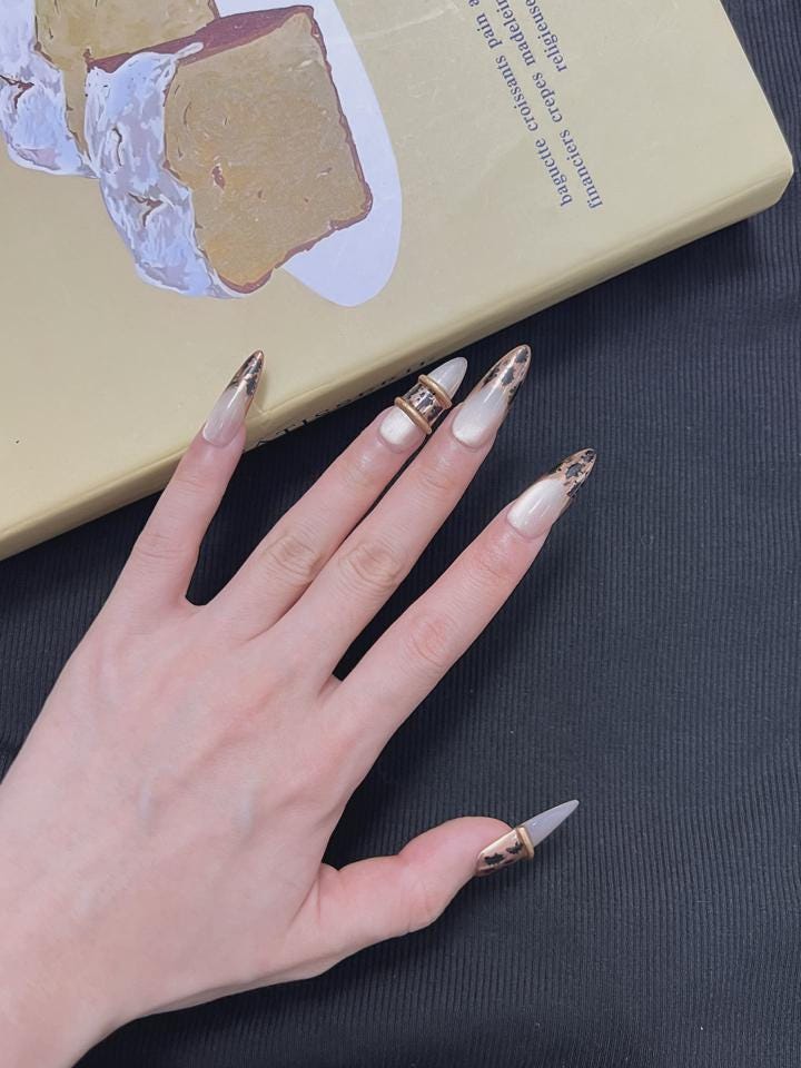 Leopard Press-On Nails – Nude Gold Animal Print – Glam Long Almond