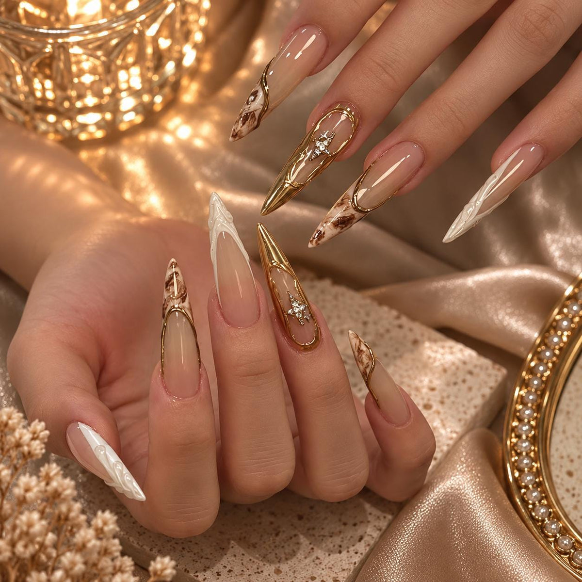 Gold Marble Press-On Nails – Nude Stiletto – Celestial Star Rhinestone