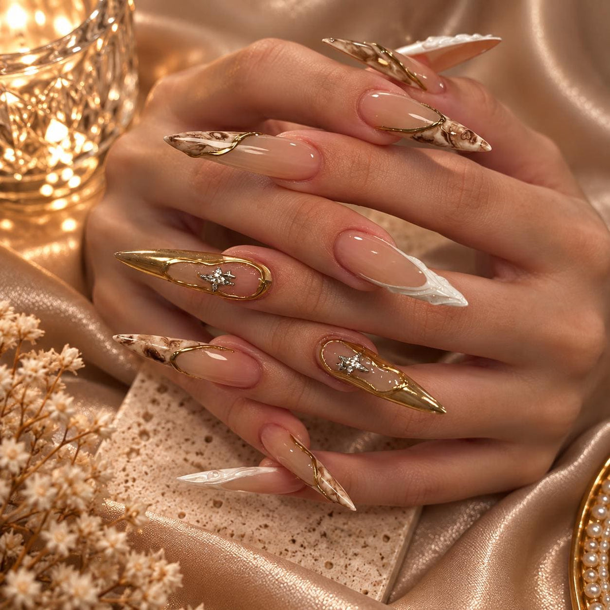 Gold Marble Press-On Nails – Nude Stiletto – Celestial Star Rhinestone