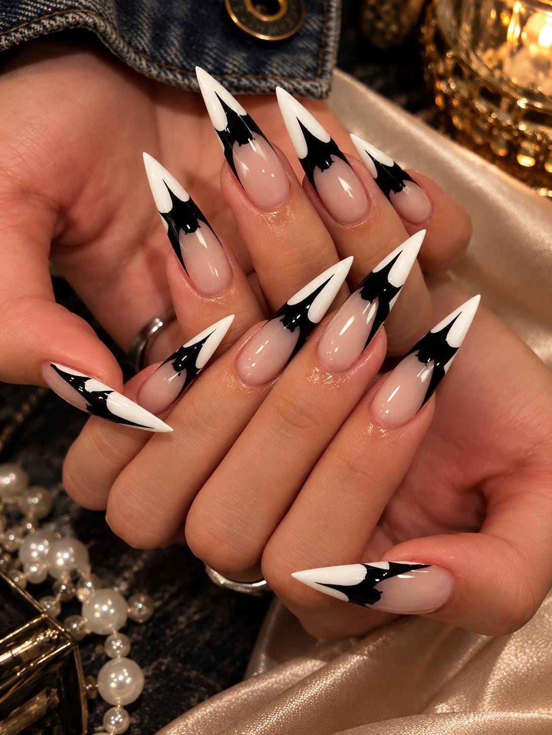 Gothic Halloween Bat Press-On Nails – Black & White Stiletto – Spooky French Tips