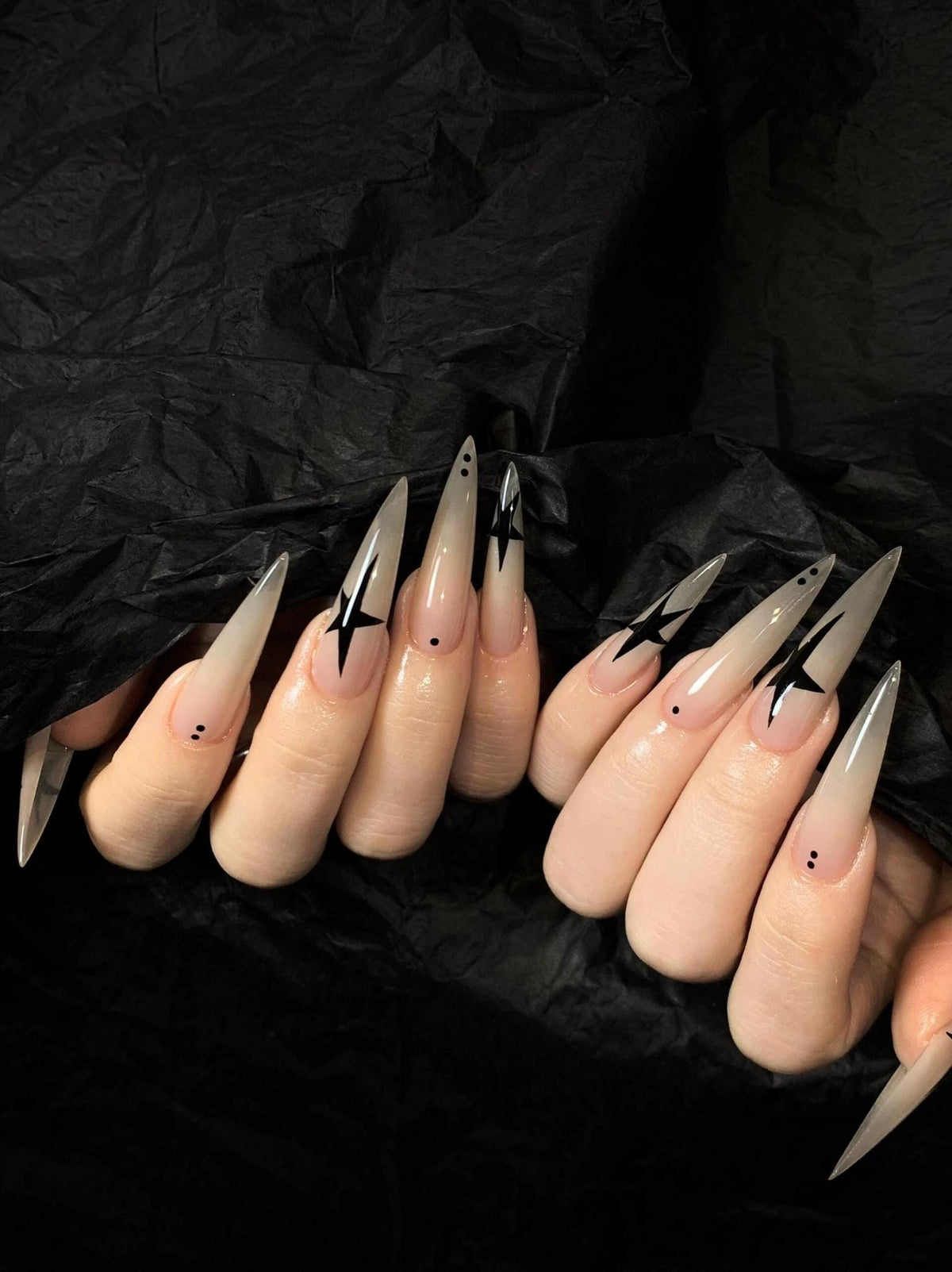 Gothic Star Press-On Nails – Black Celestial Stiletto – Halloween