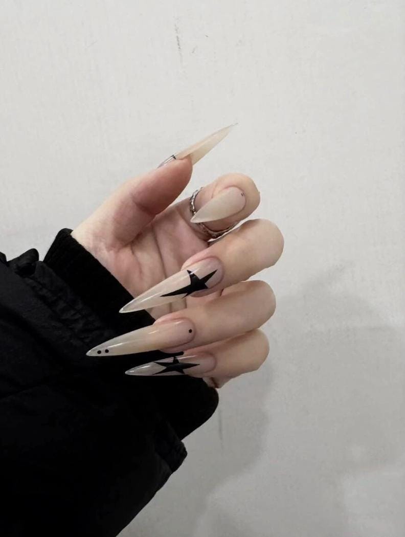 Gothic Star Press-On Nails – Black Celestial Stiletto – Halloween