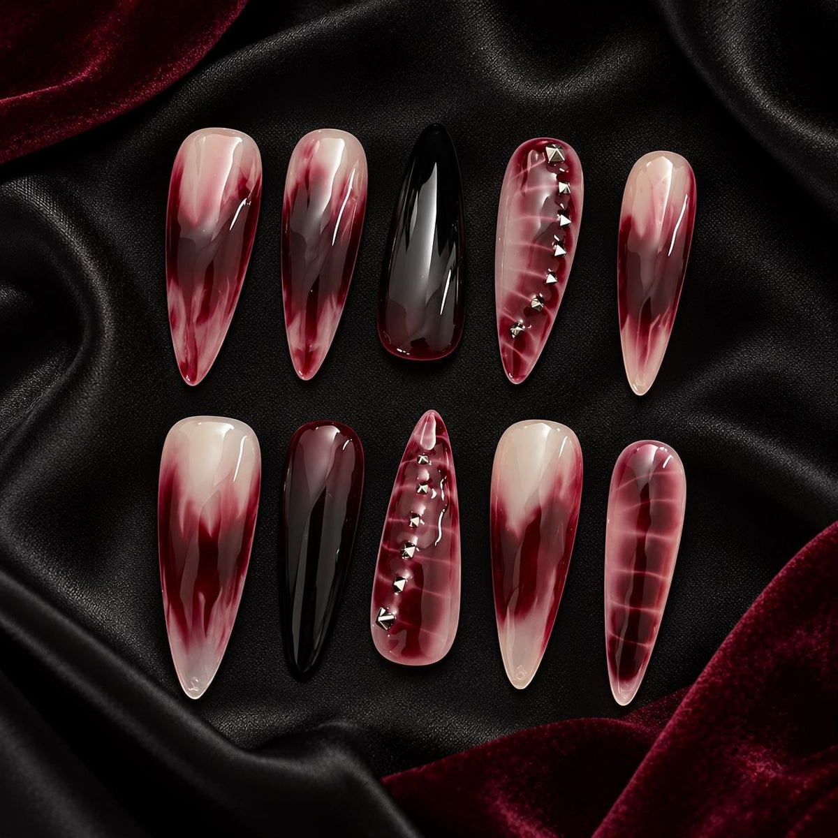 Blood Red Smoke Stiletto Press-On Nails – Gothic Black Studded – Halloween