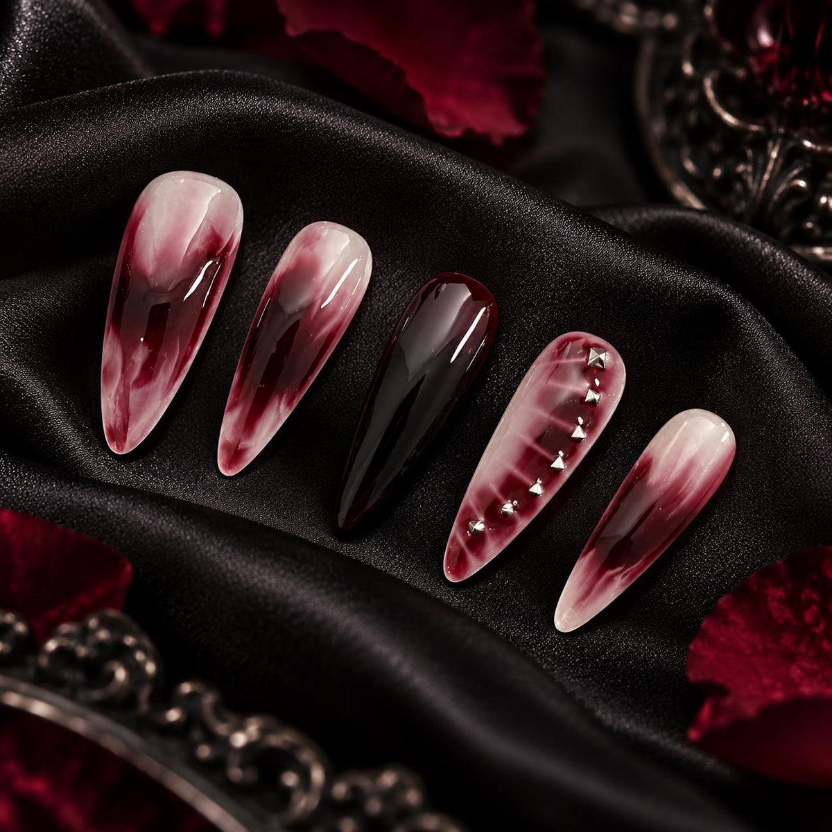 Blood Red Smoke Stiletto Press-On Nails – Gothic Black Studded – Halloween