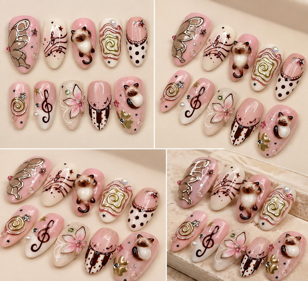 Pink Cat Press-On Nails – 3D Kawaii Coquette – Cute Bow & Music