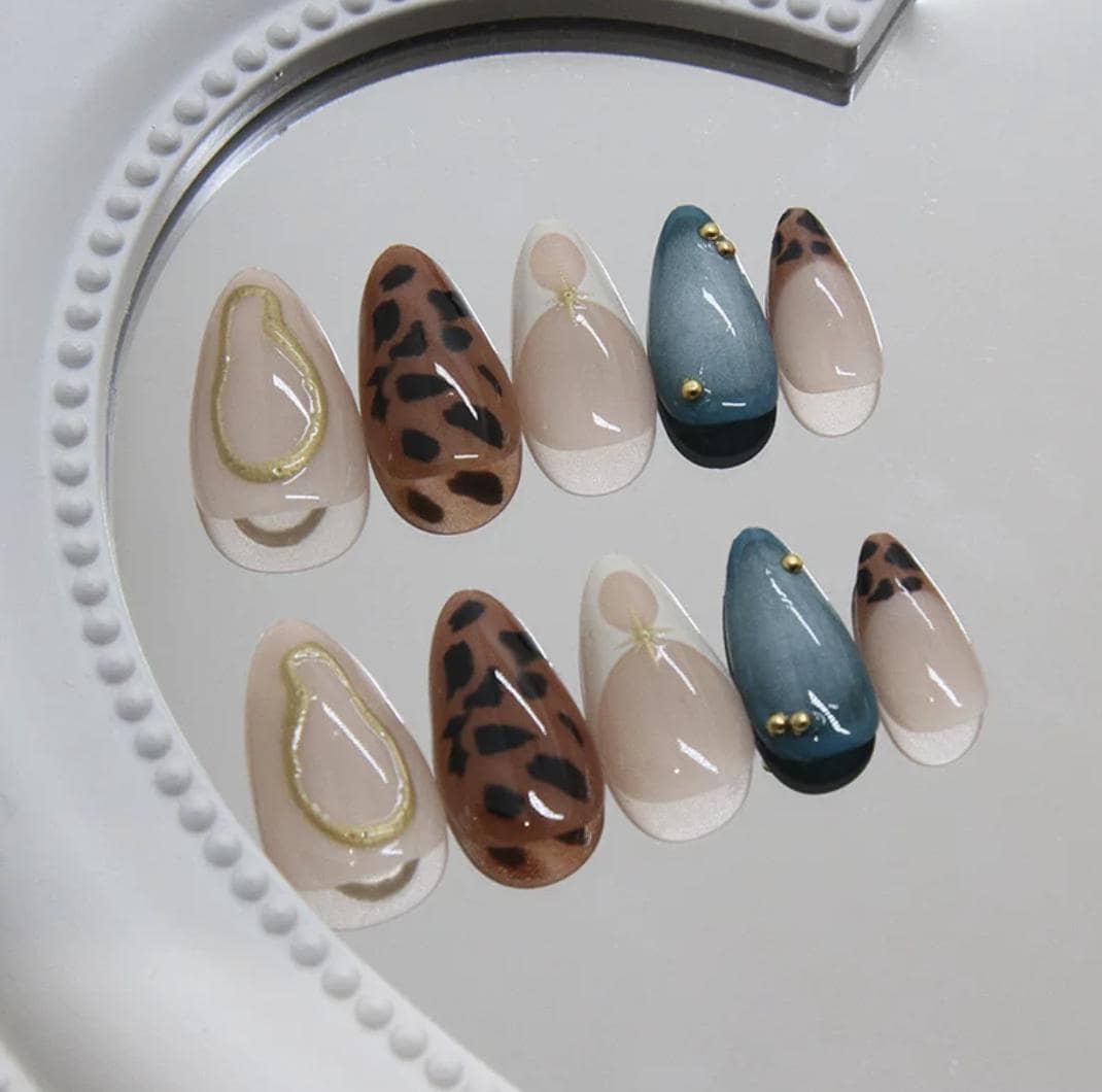 Tortoiseshell Teal Press-On Nails – Gold Star French Tip – Elegant Animal Print