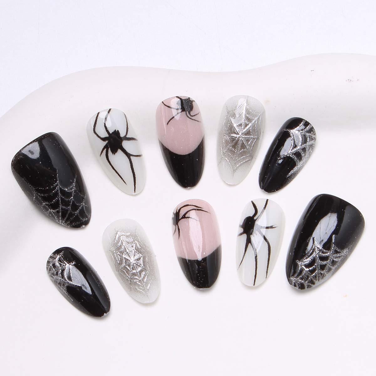 Halloween Spider Web Press-On Nails – Black & White Gothic Spider – Spooky