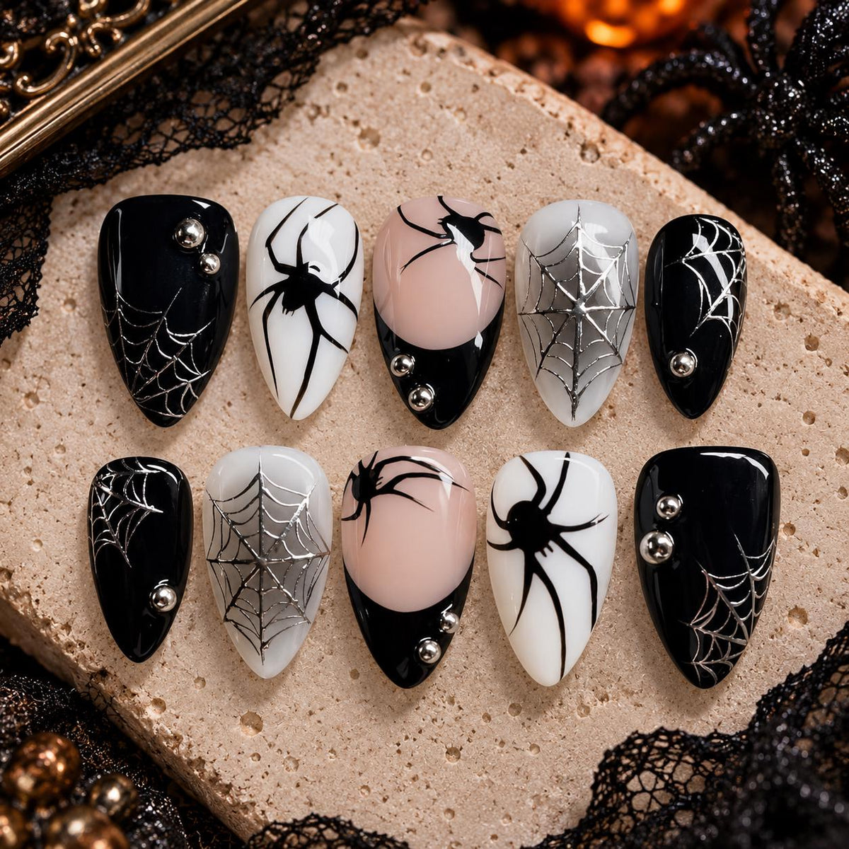 Halloween Spider Web Press-On Nails – Black & White Gothic Spider – Spooky