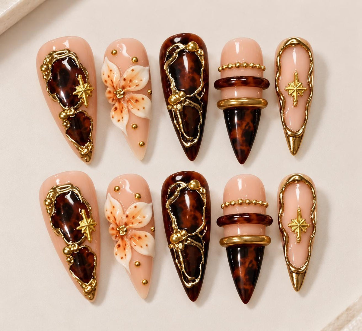 Tortoiseshell Press-On Nails – Brown Gold 3D Floral