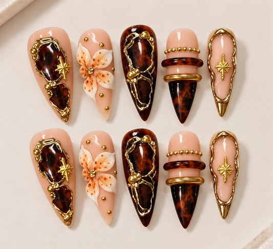 Tortoiseshell Press-On Nails – Brown Gold 3D Floral