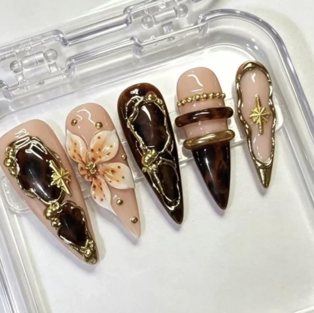 Tortoiseshell Press-On Nails – Brown Gold 3D Floral