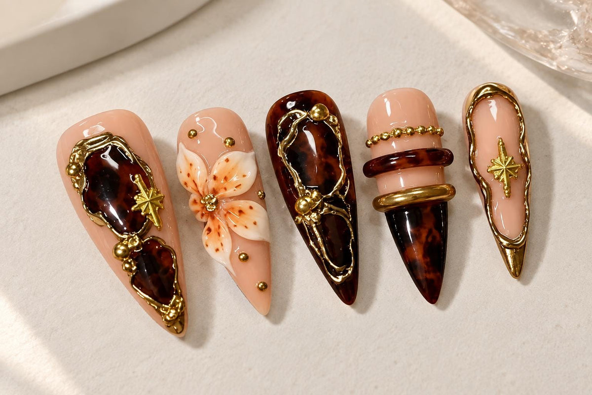 Tortoiseshell Press-On Nails – Brown Gold 3D Floral
