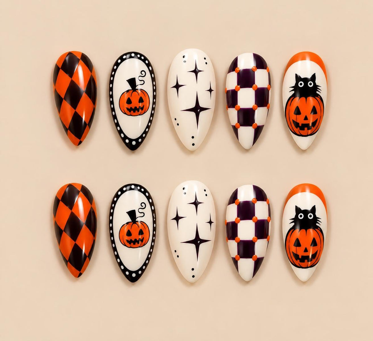 Halloween Pumpkin Press-On Nails – Black Cat Checkerboard Spooky