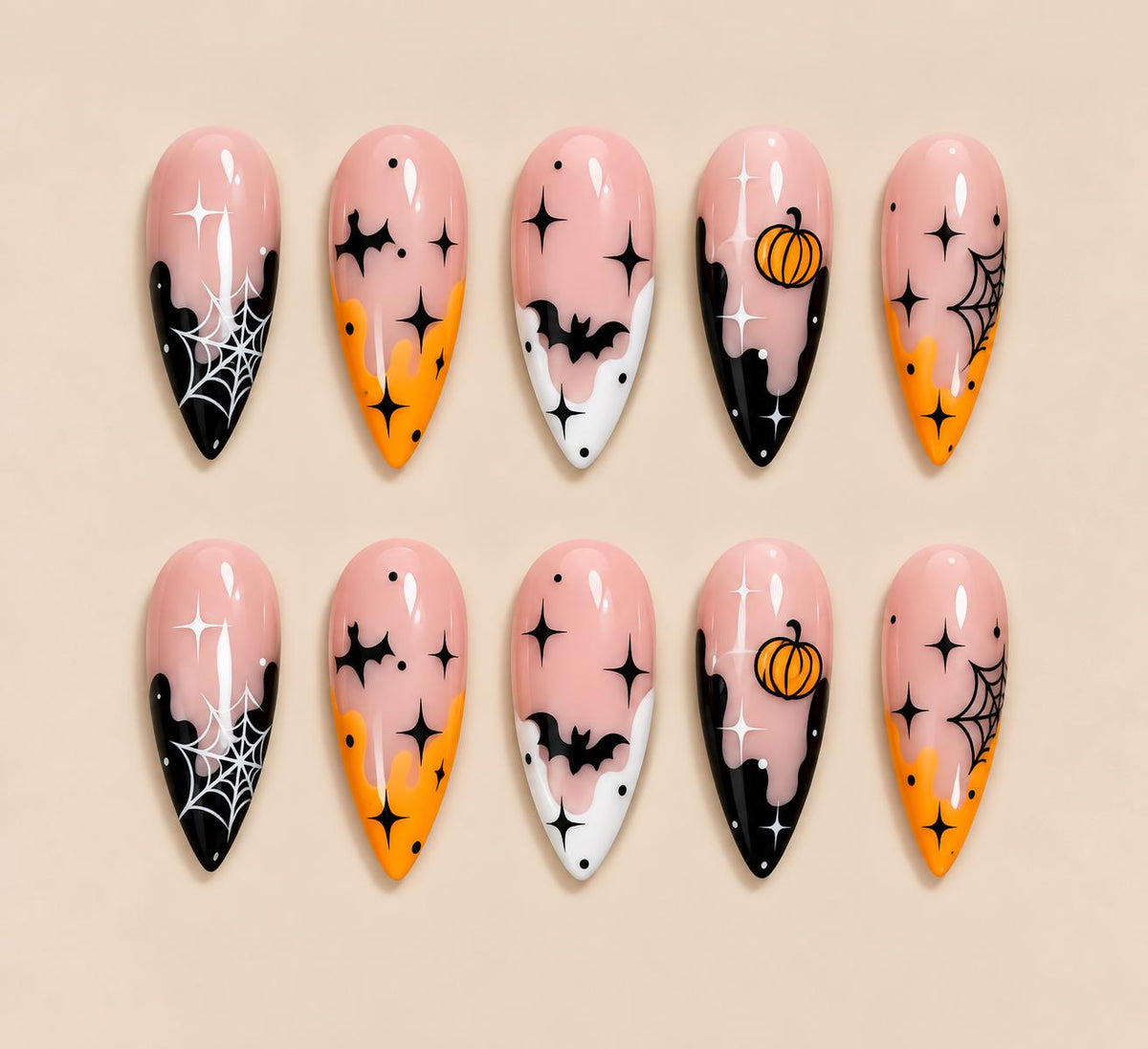 Halloween Pumpkin Press-On Nails – Bat Spider Web Orange Black Spooky