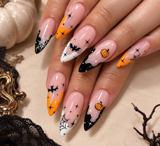 Halloween Pumpkin Press-On Nails – Bat Spider Web Orange Black Spooky
