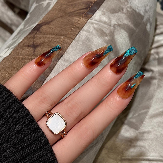 Tortoiseshell Teal Glitter Press-On Nails – Brown Chrome