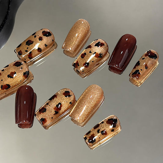Leopard Print Press-On Nails – Chocolate Brown Gold Glitter – Fall Animal Print