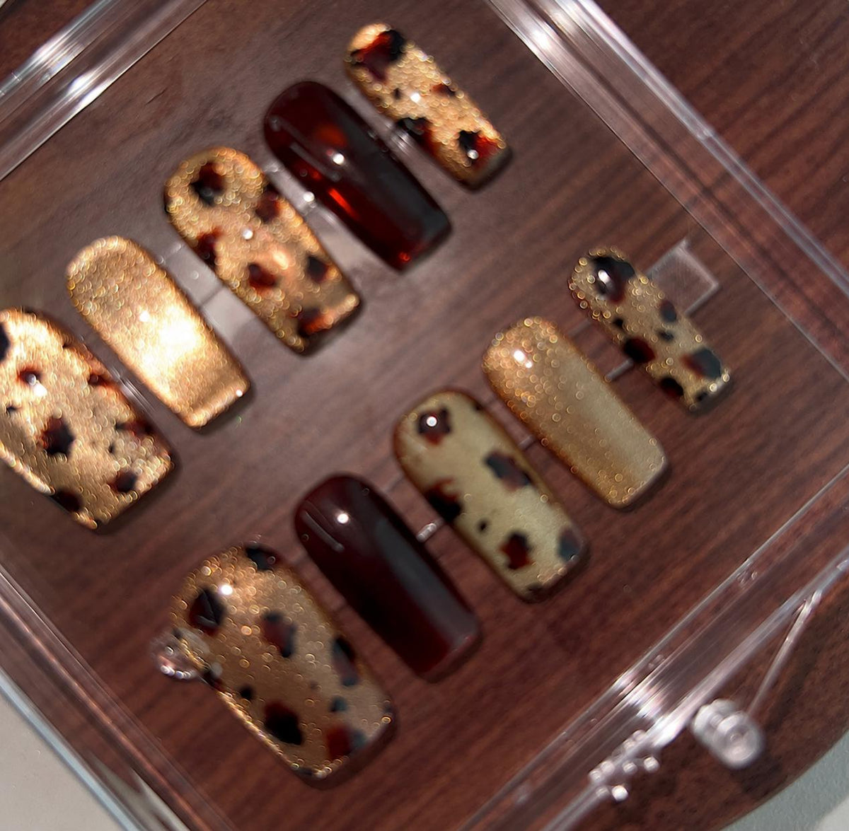 Leopard Print Press-On Nails – Chocolate Brown Gold Glitter – Fall Animal Print